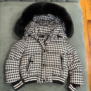 Black & White Houndstooth Puffer Jacket with Faux Fur Hood